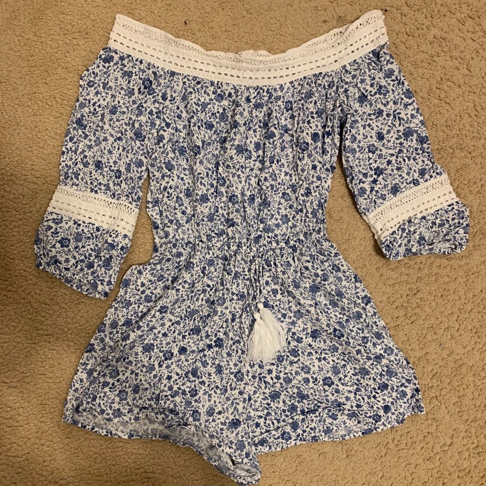 Blue Floral Off the Shoulder Romper Lace Detail